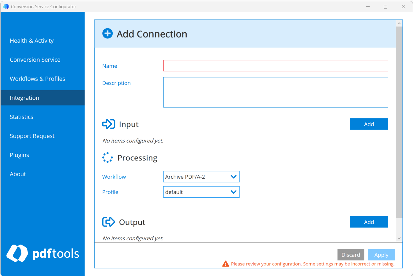 Configure a new connection with the Conversion Service Configurator