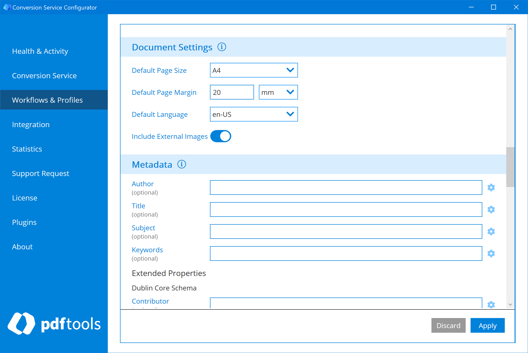 Document Settings section in the profile configuration