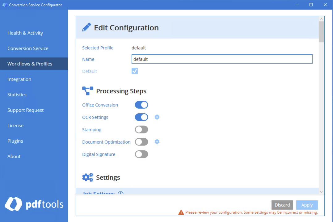 The **OCR Settings** processing toggle enabled.