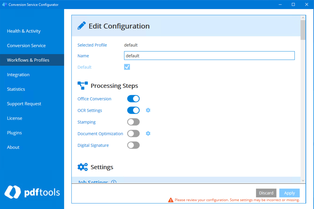 The OCR Settings processing toggle enabled.