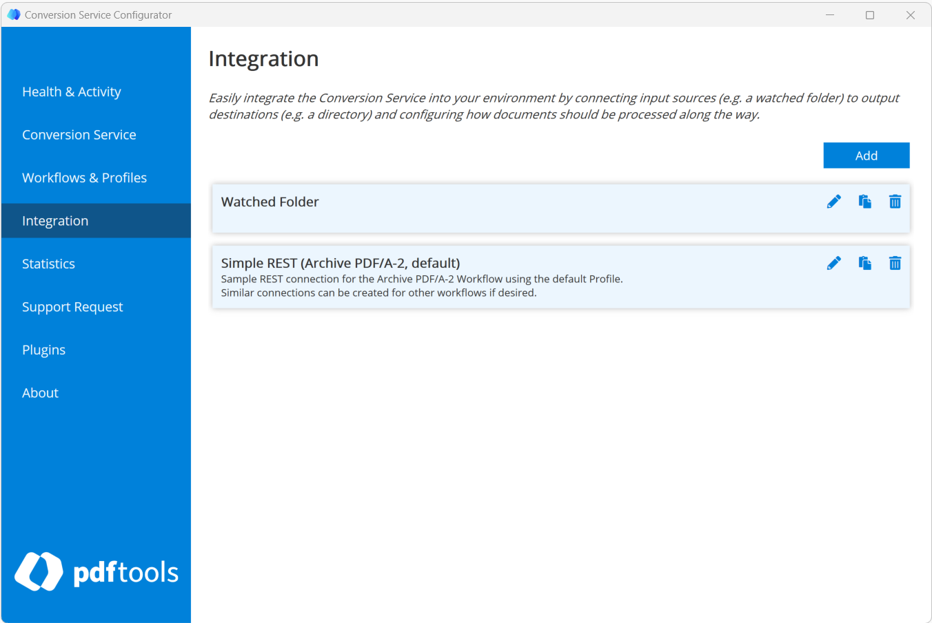 Integration tab of the Conversion Service Configurator