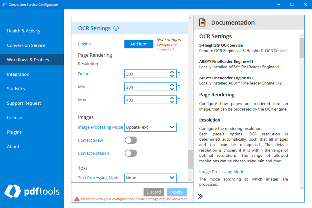 Conversion Service configurator built-in documentation