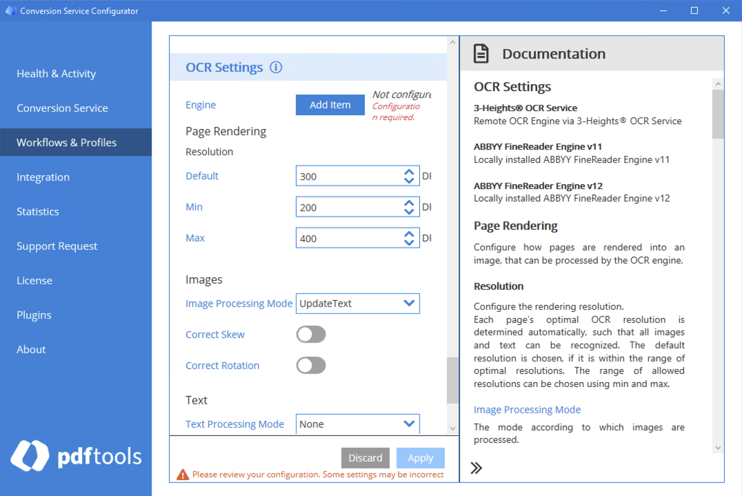 Conversion Service configurator built-in documentation