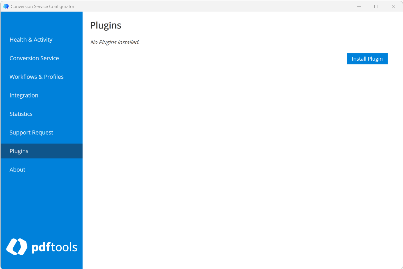 Plugins tab of the Conversion Service Configurator