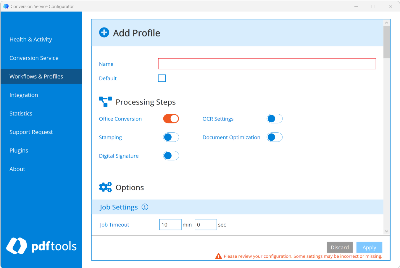 Configure a new profile with the Conversion Service Configurator