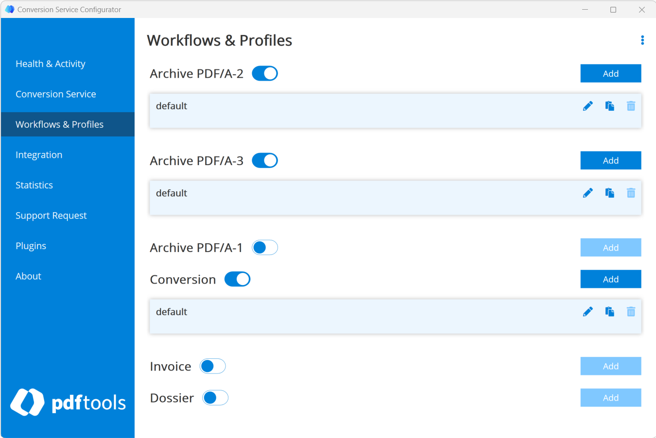 Workflows &amp; Profiles tab of the Conversion Service Configurator