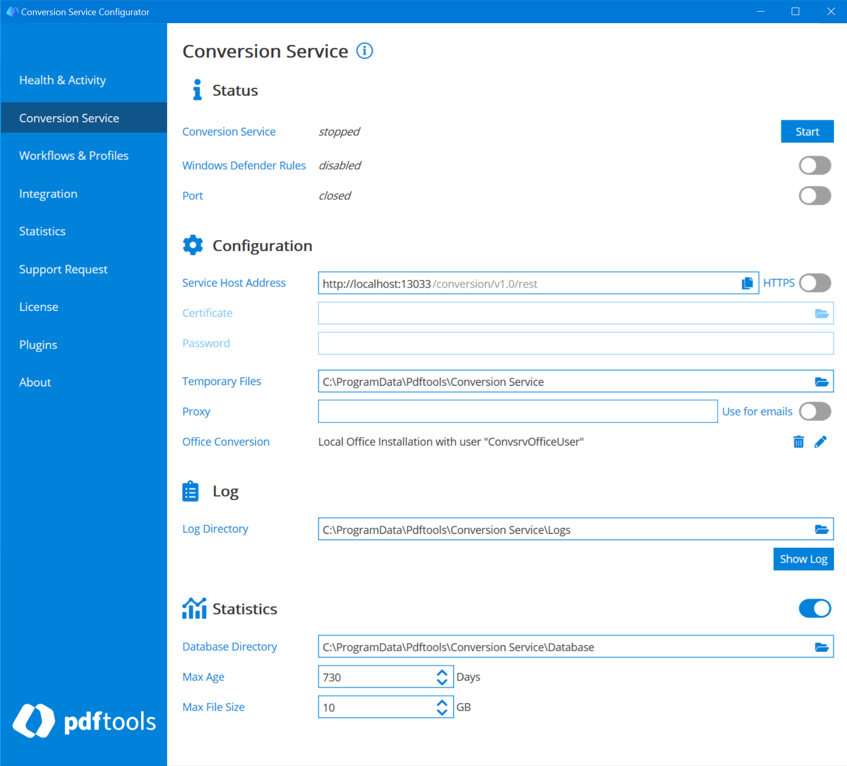 Conversion Service tab of the configurator