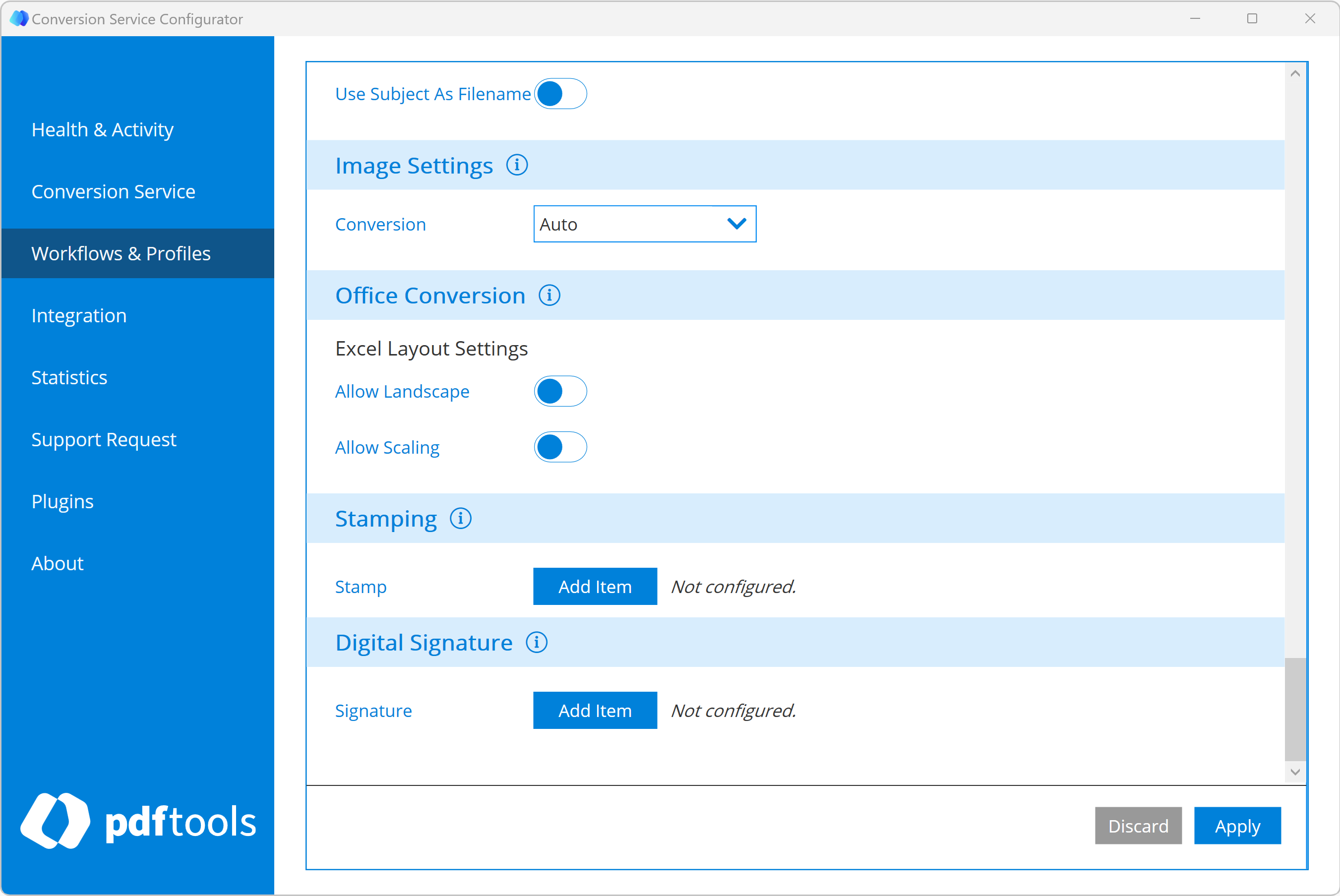 Add Stamps section of the Conversion Service Configurator