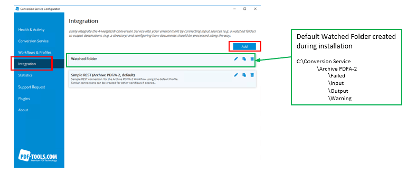 Add watched folder in the Integration tab of the Conversion Service Configurator