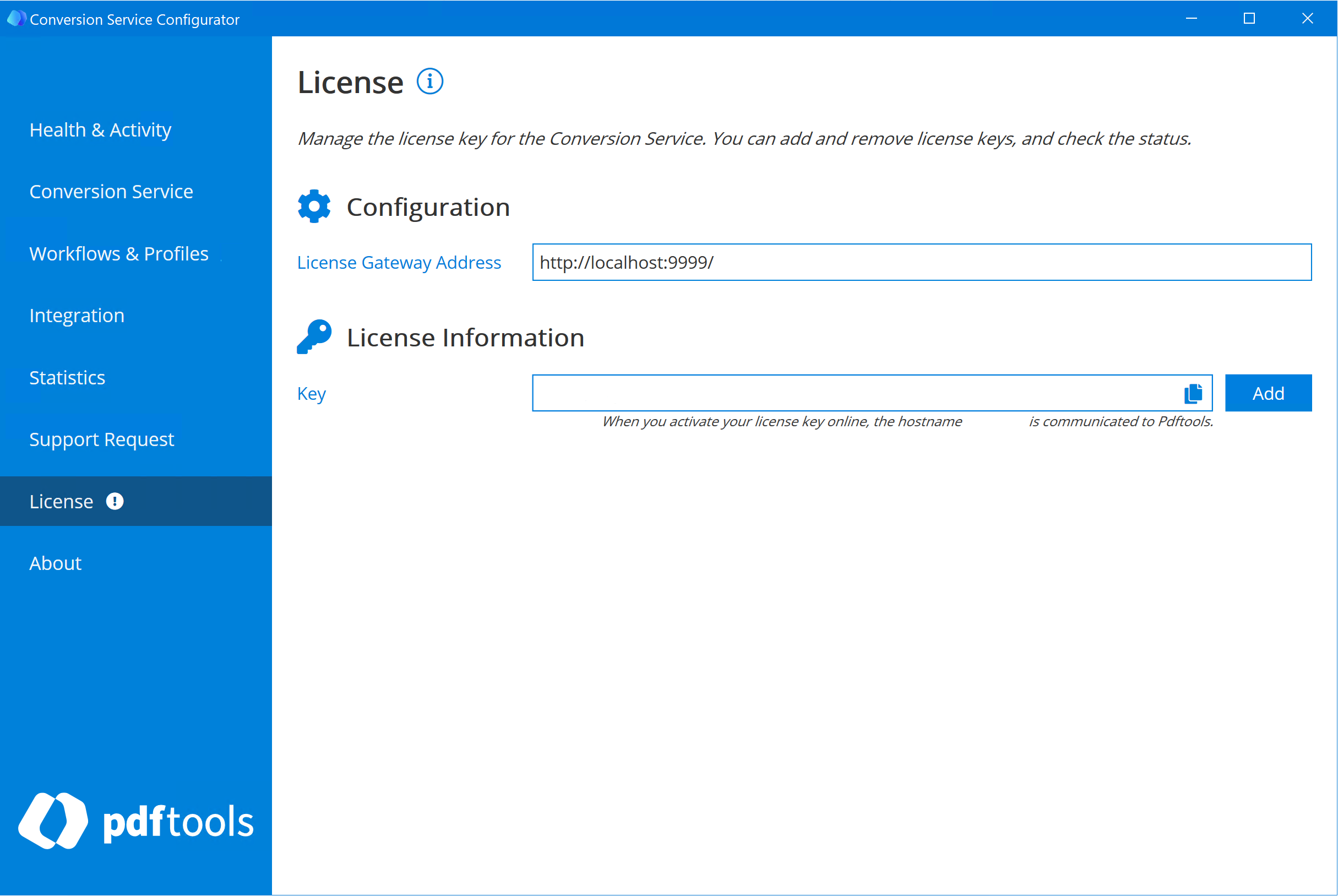 License tab in the Configurator