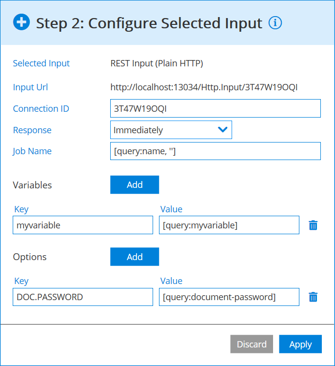 Configuration window of REST Input (HTTP Plain)