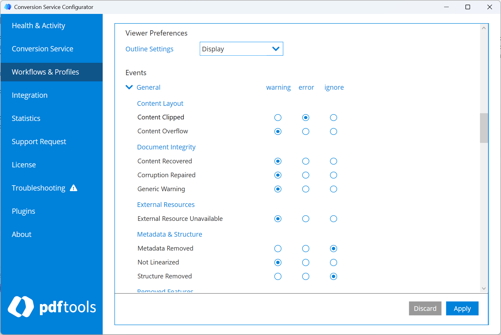 Conversion Service Configurator showing the Events settings panel with warning, error, and ignore radio buttons for each event type
