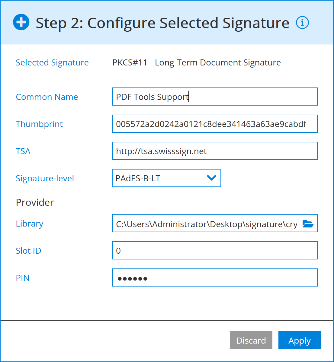 PKCS#11 signature configuration of PADES-B-LT/LTA