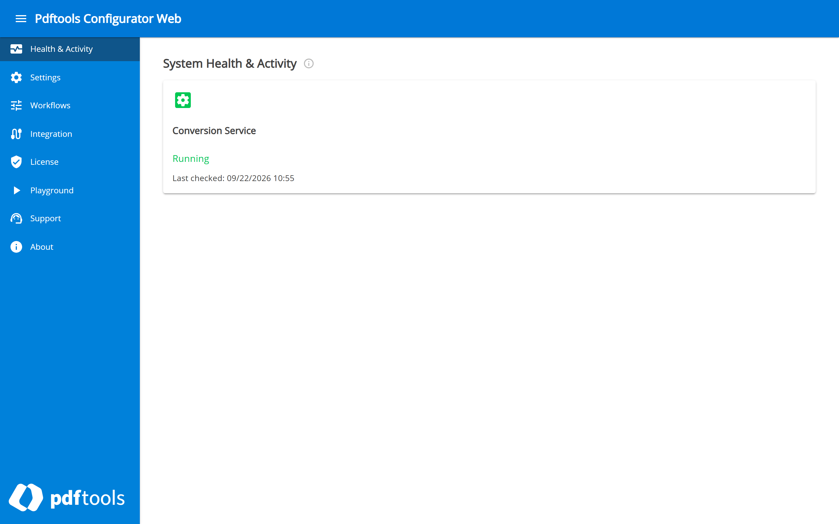 Health and Activity page of Configurator Web, reporting Conversion Service as running, with the page navigation on the left.