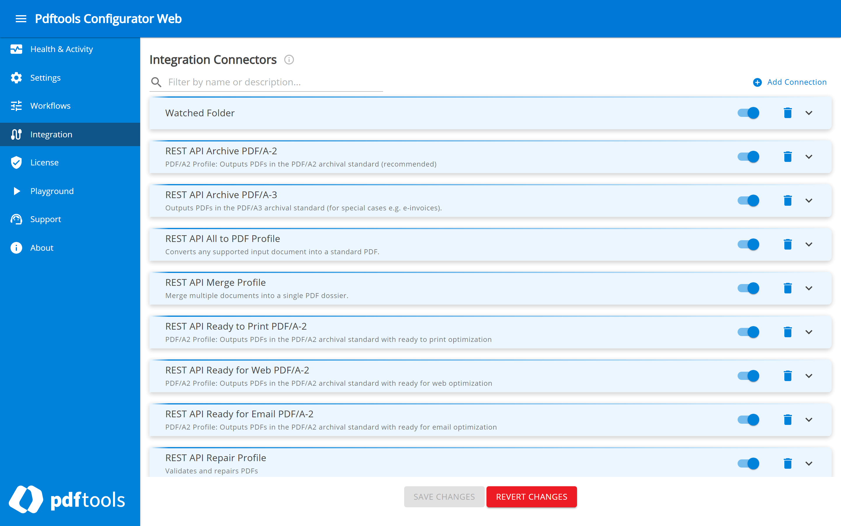 Integration Connectors page of Configurator Web, listing the watched folder and the predefined REST API connections with their toggles.