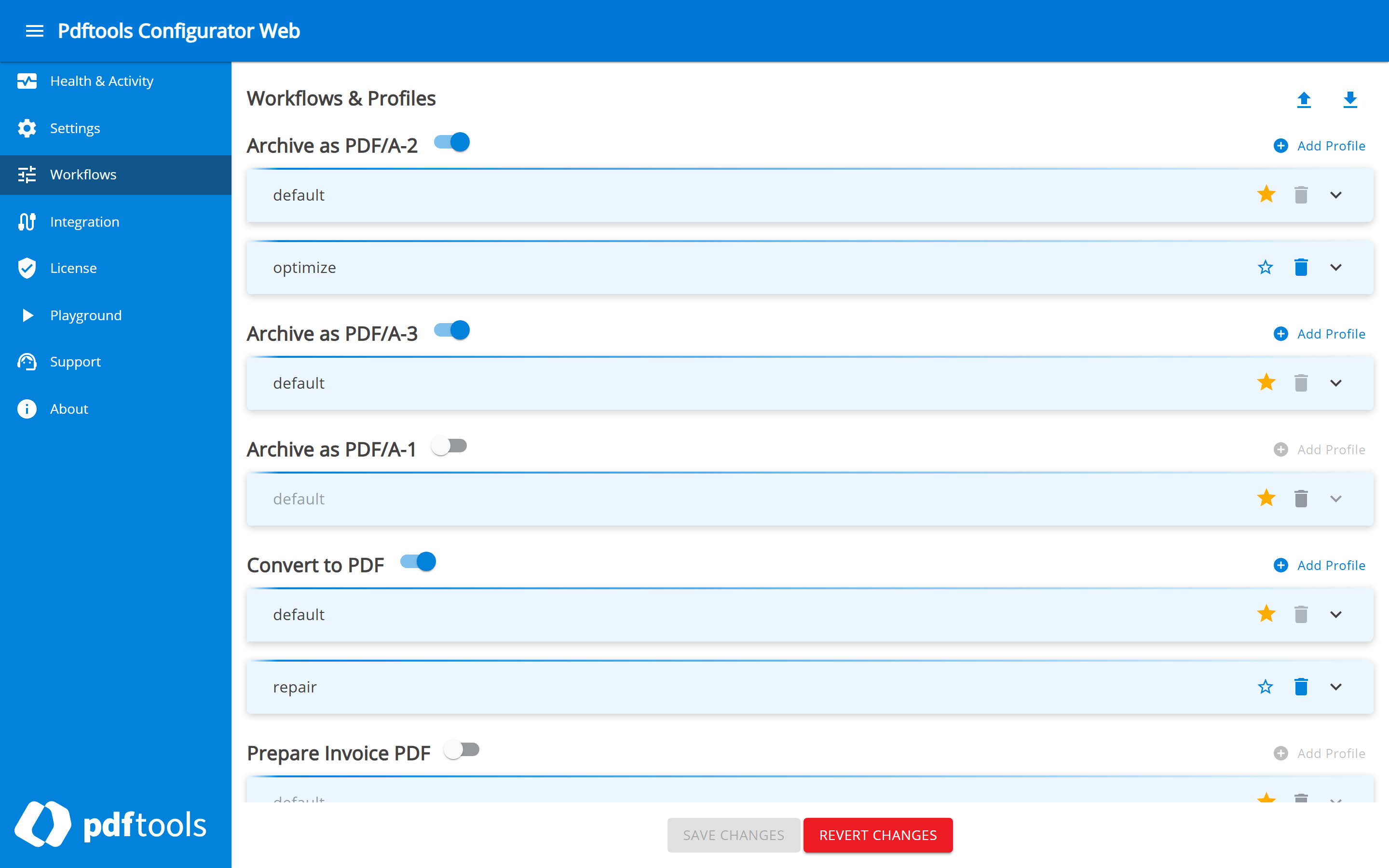 Workflows and Profiles page of Configurator Web, showing each workflow with its toggle, its profiles, and the Add Profile button.