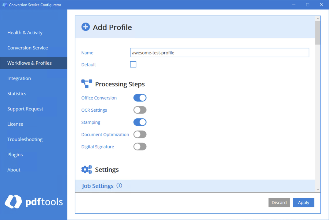 Screenshot of the Conversion Service Configurator Workflows & Profiles tab.