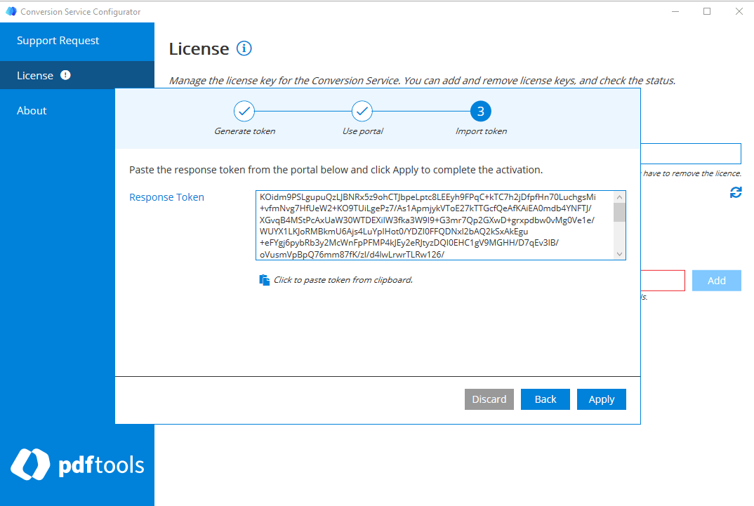 Activation Wizard with the response token pasted.