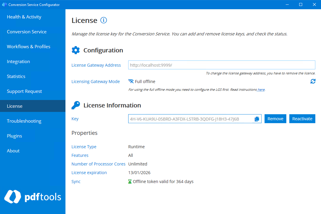 Configurator showing the successfully added license with expiration date and token validity.