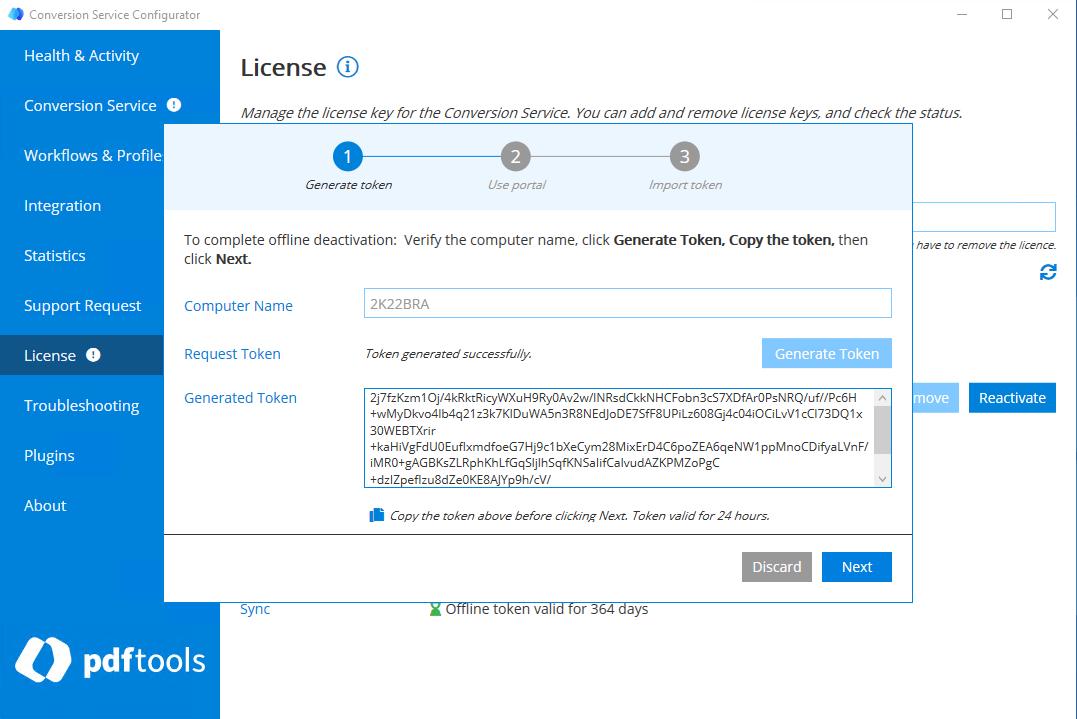 Deactivation Wizard with the generated token displayed, showing 24-hour validity notice.