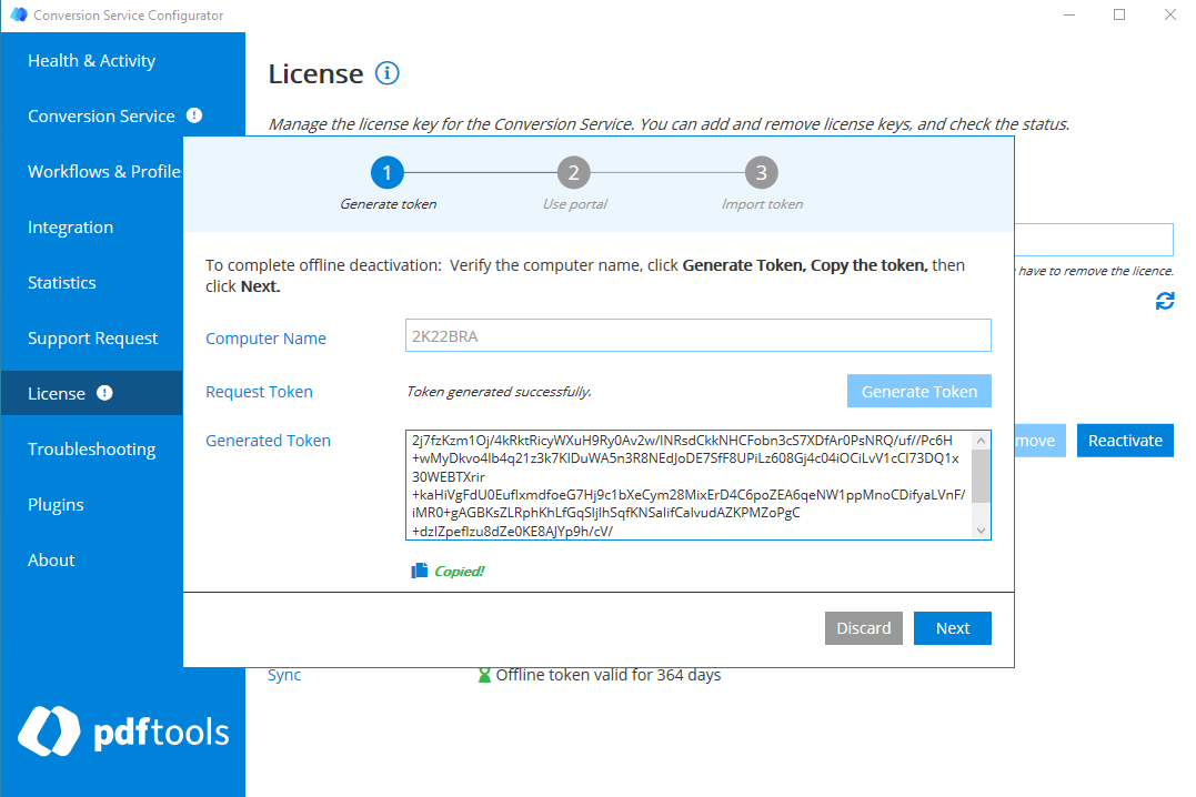 Deactivation Wizard showing the Copied confirmation after copying the token.