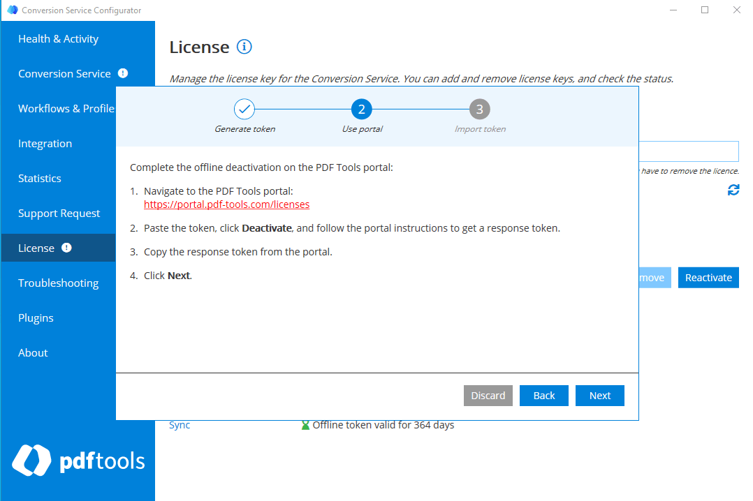 Deactivation Wizard, showing instructions to navigate to the Pdftools Portal.