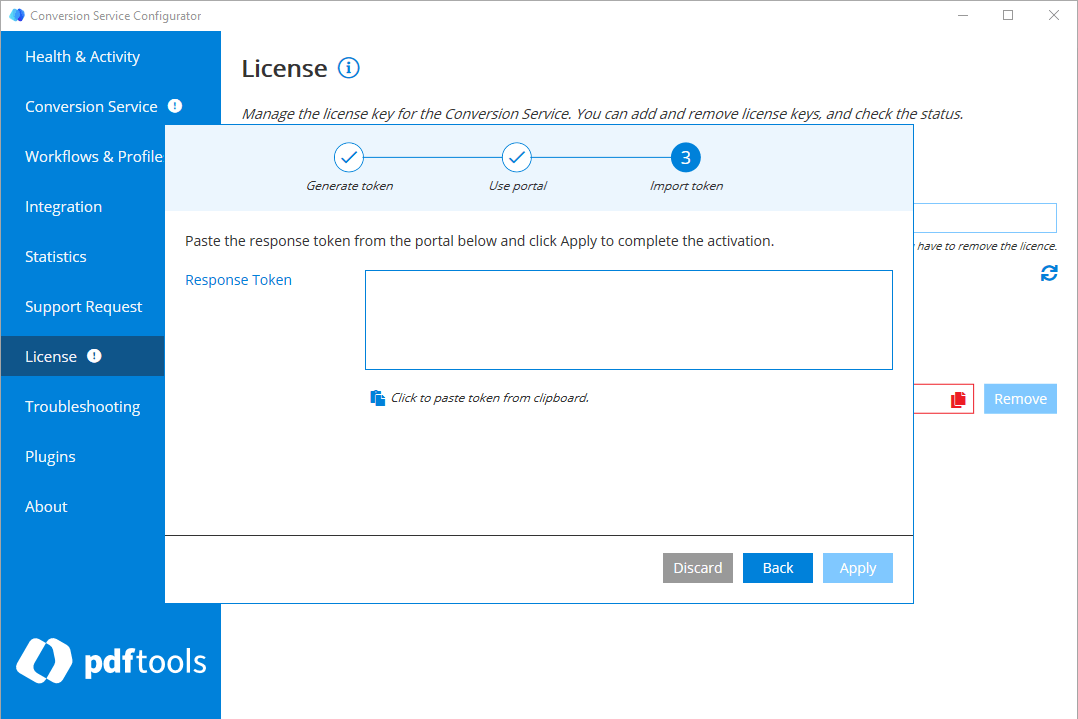 Pdftools Portal showing the deactivation response token to copy.