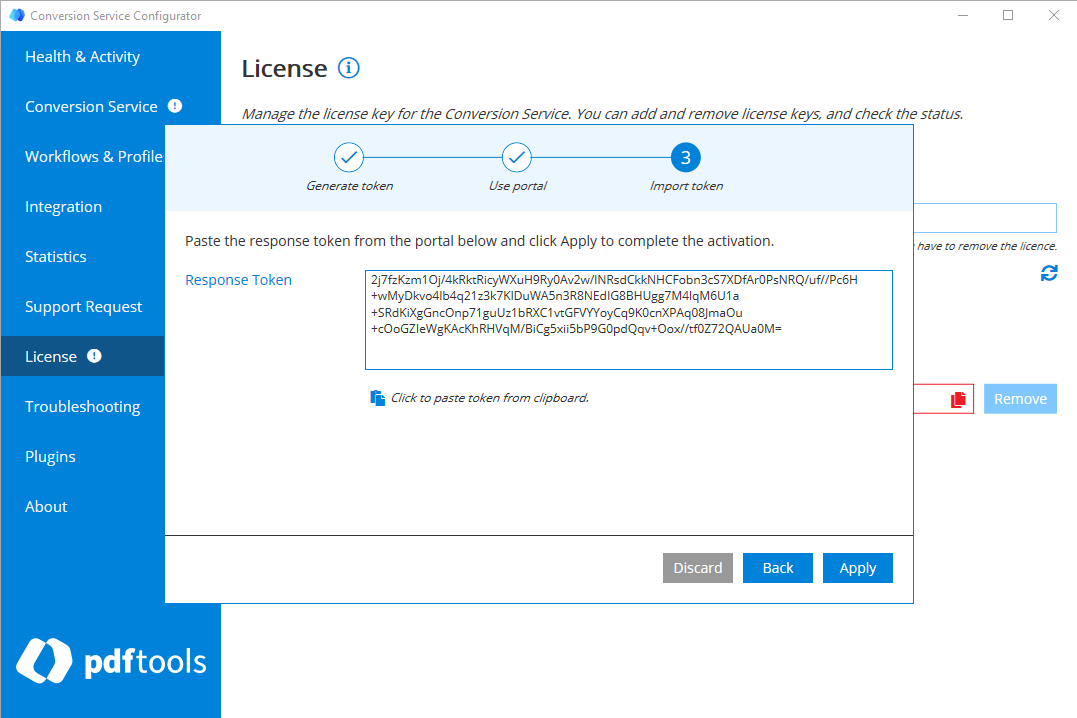 Deactivation Wizard with the response token pasted.