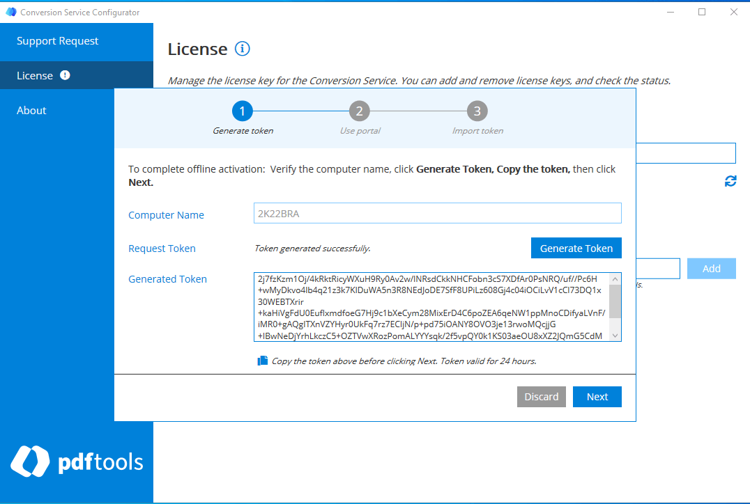 Activation Wizard with the generated token displayed, showing 24-hour validity notice.