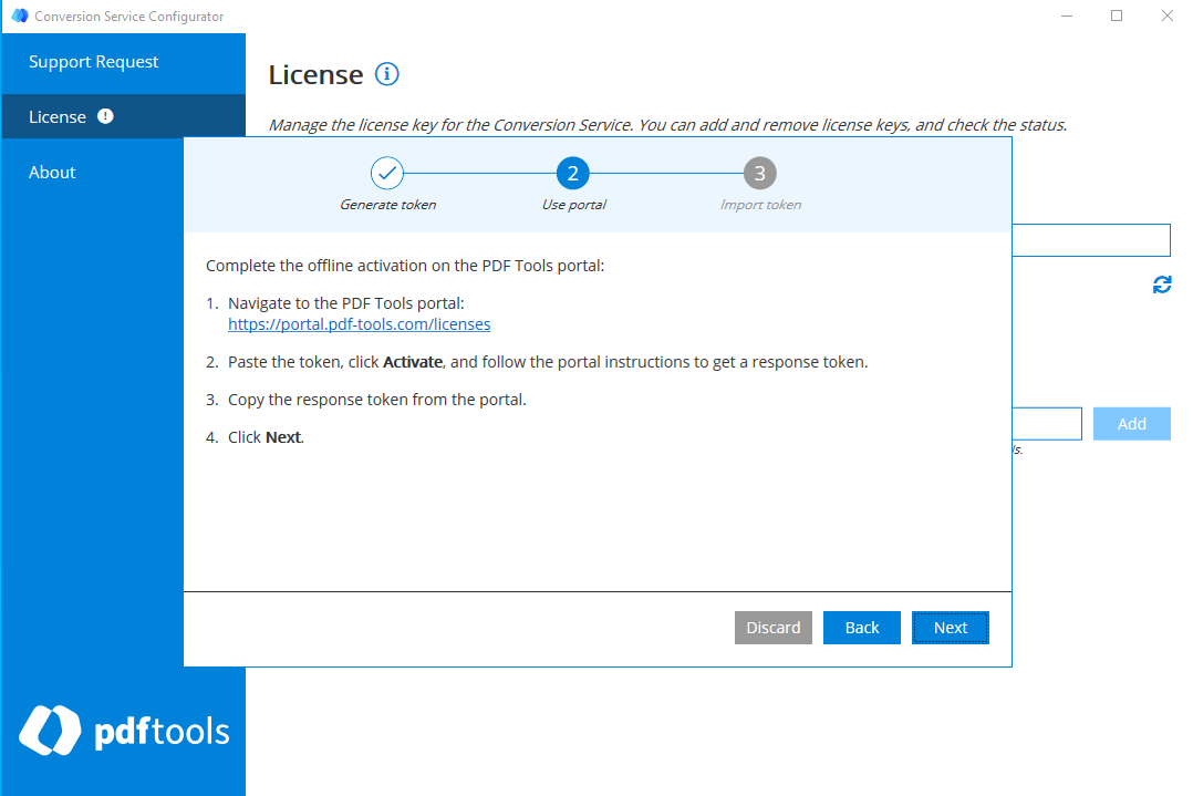 Configurator Activation Wizard showing instructions how to navigate to the Pdftools Portal.
