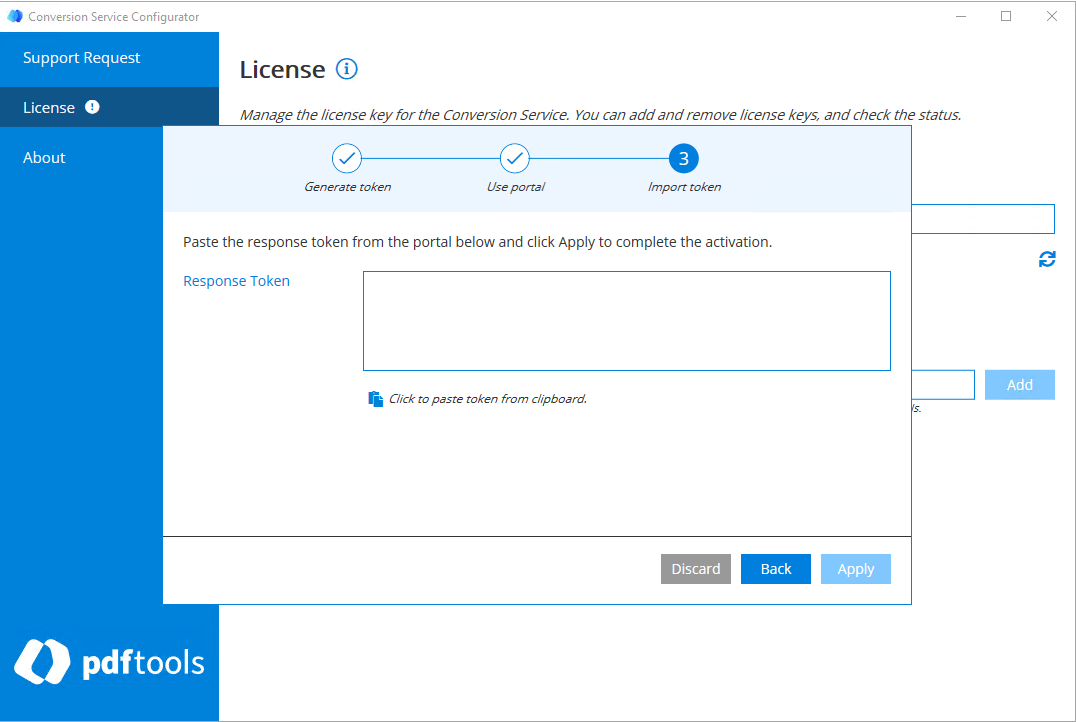 Pdftools Portal showing the response token to copy.