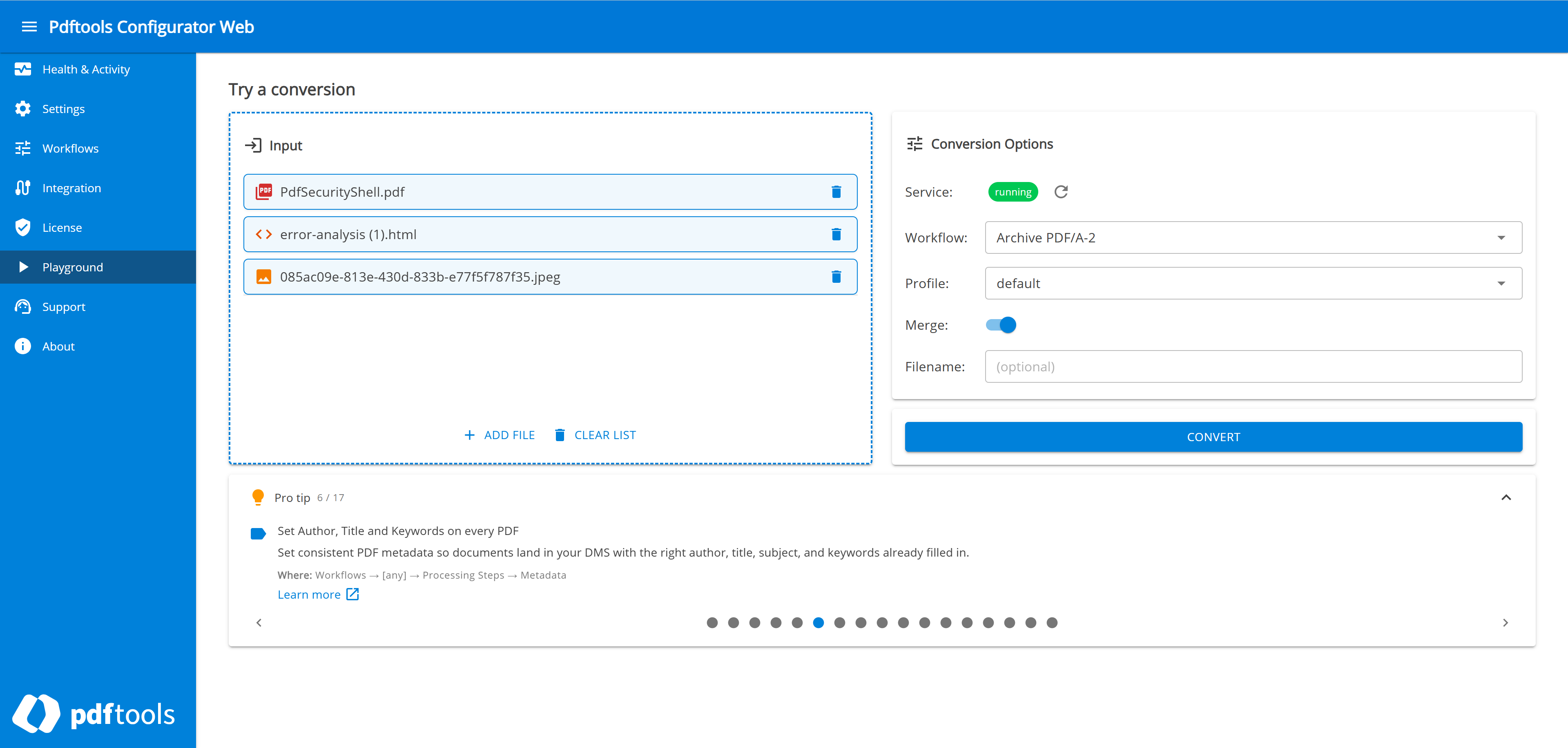 Playground with three input files, a selected workflow and profile, the merge option enabled, and the convert button active.