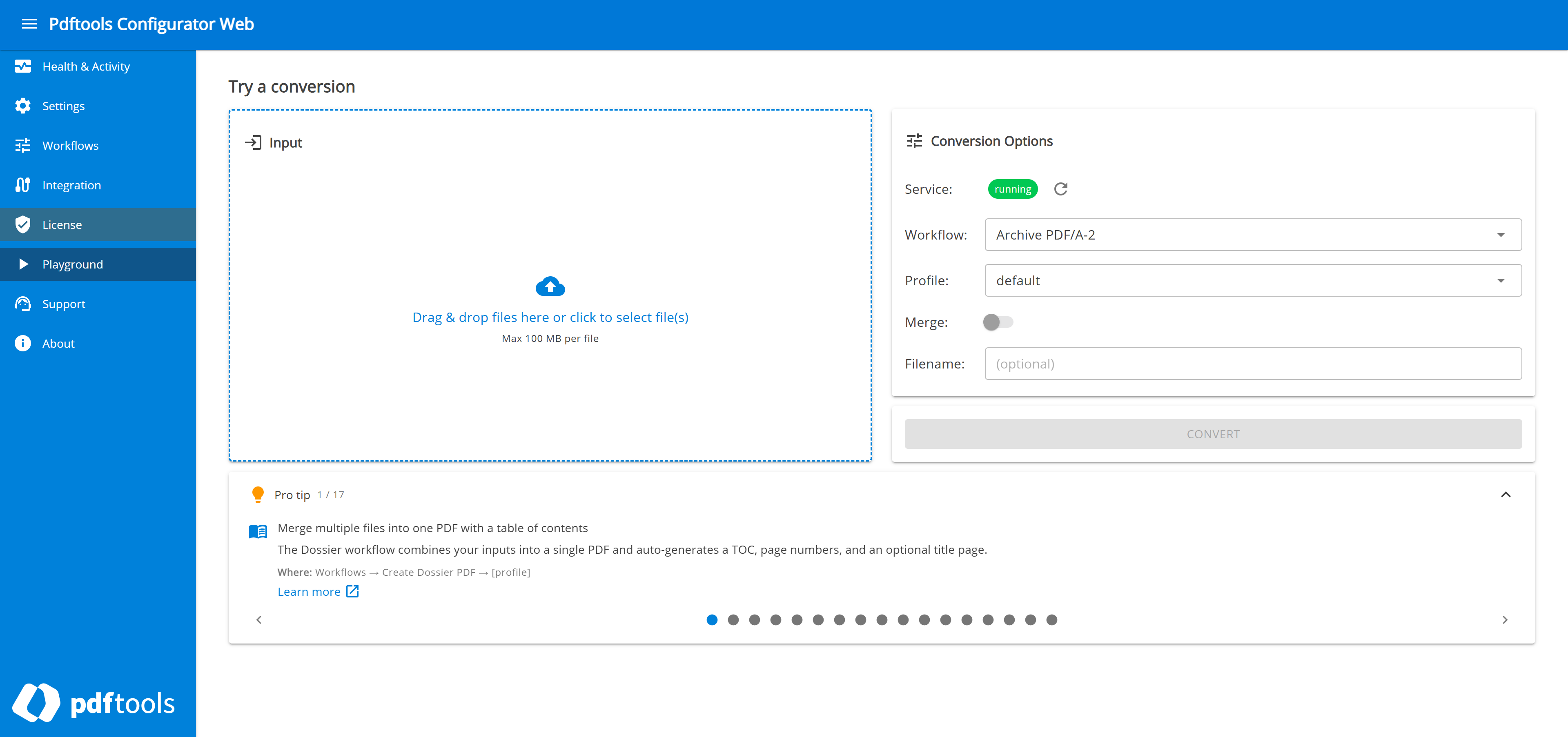 Playground tab in the Configurator Web with an empty drag-and-drop input area and conversion options.
