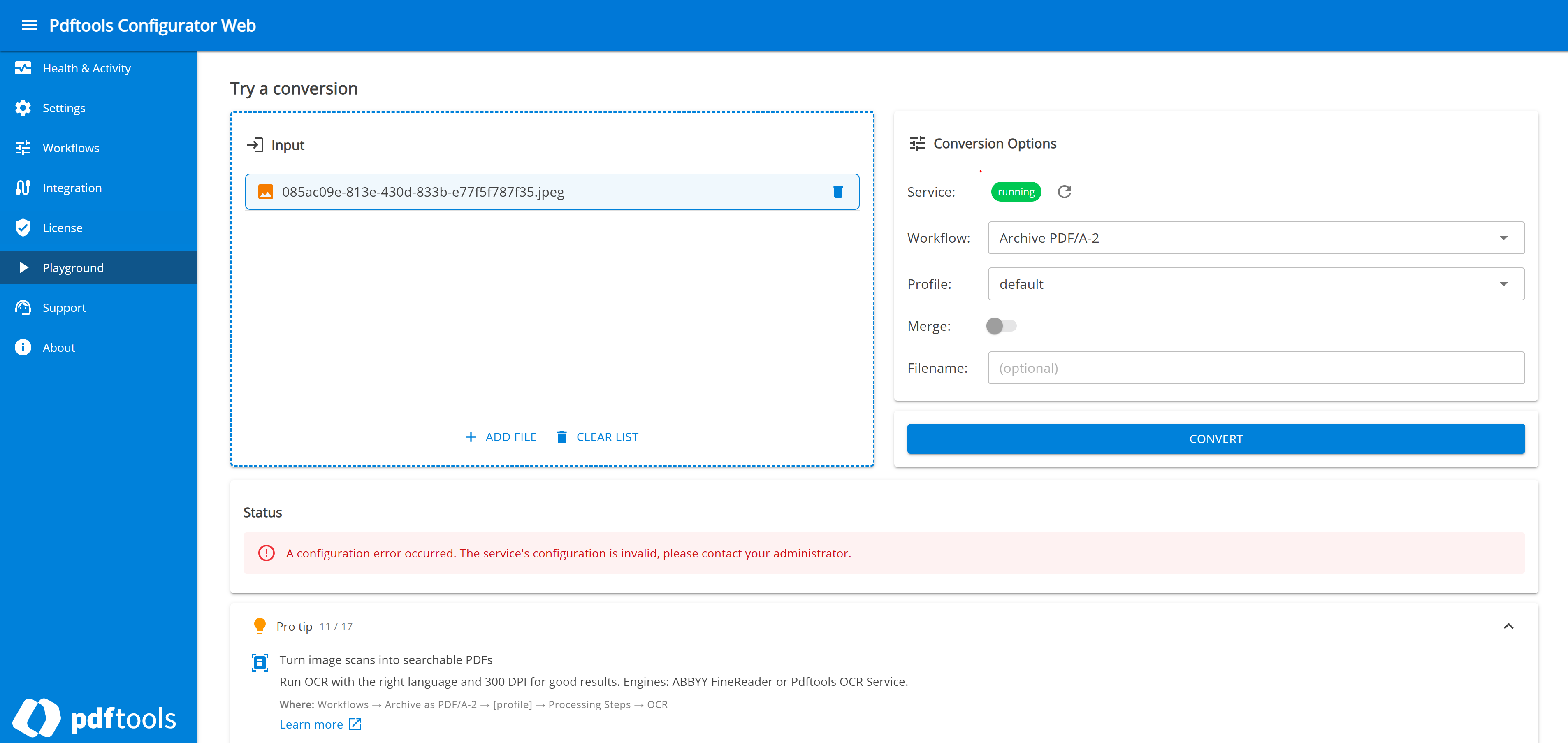 Playground Status panel showing a configuration error message after a conversion attempt.