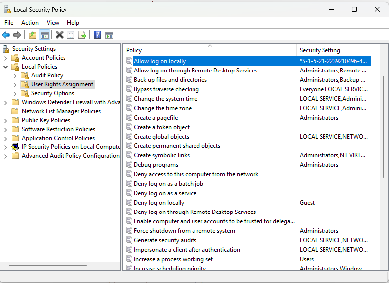 Screenshot of the Microsoft Local Security Policy with Allow log on locally in the top row.