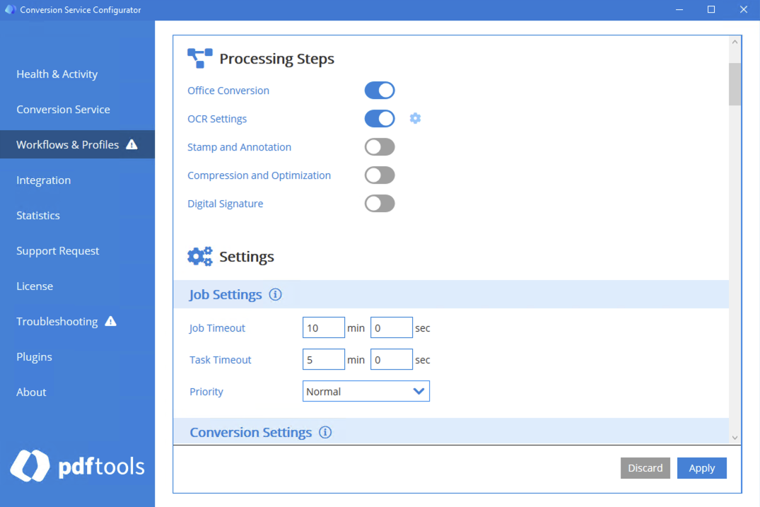 Integration tab of the Conversion Service Configurator