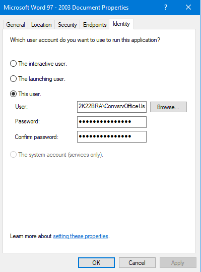 Screenshot of the DCOM configuration identity tab.