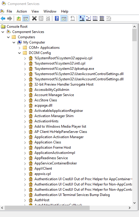 Screenshot of the DCOM configuration.