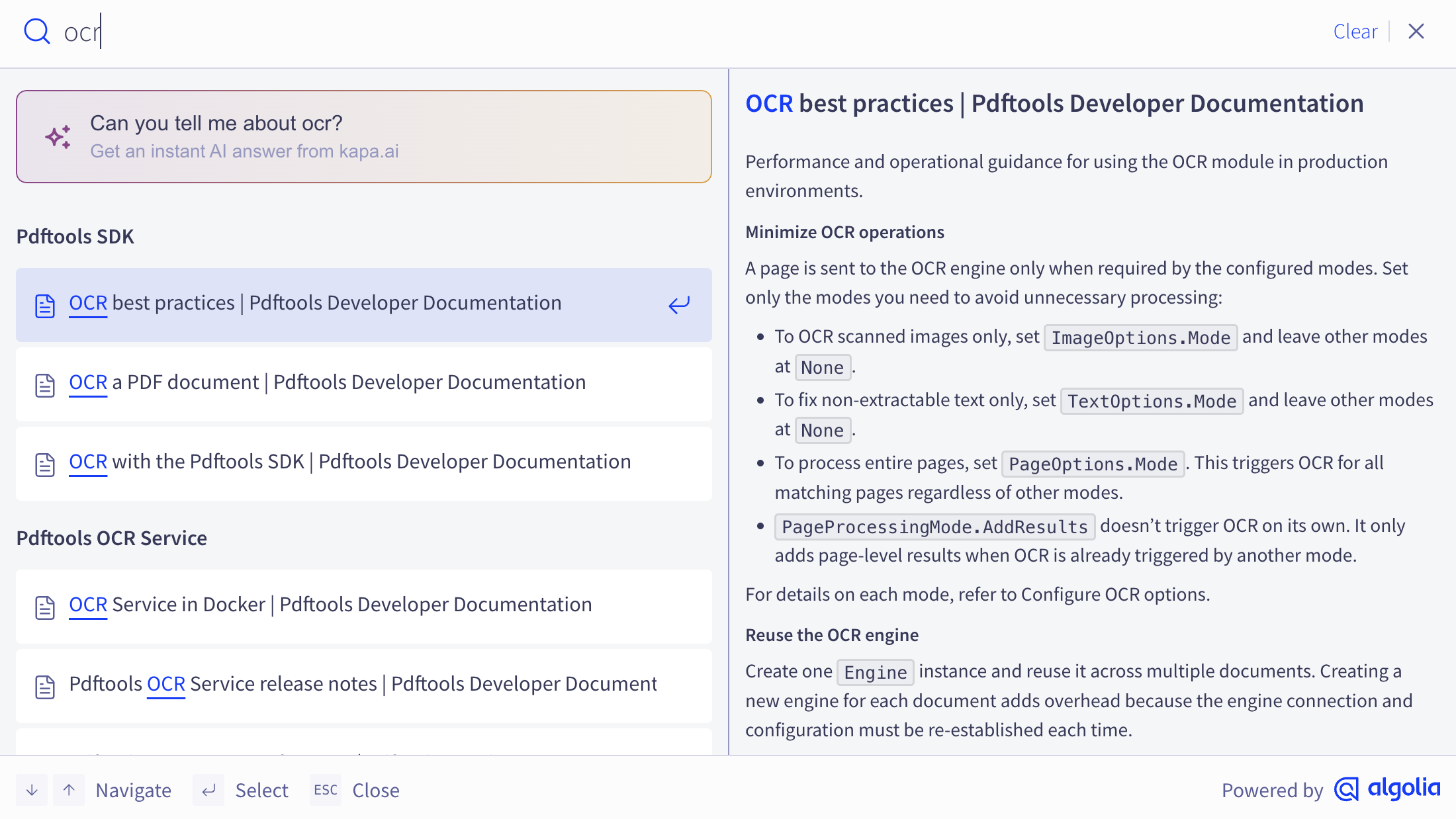 Screenshot of the documentation search modal showing OCR results grouped by product on the left and the OCR best practices page preview on the right.
