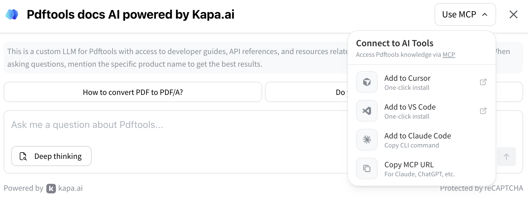 Screenshot of the Kapa.ai widget with **Use MCP** button clicked.