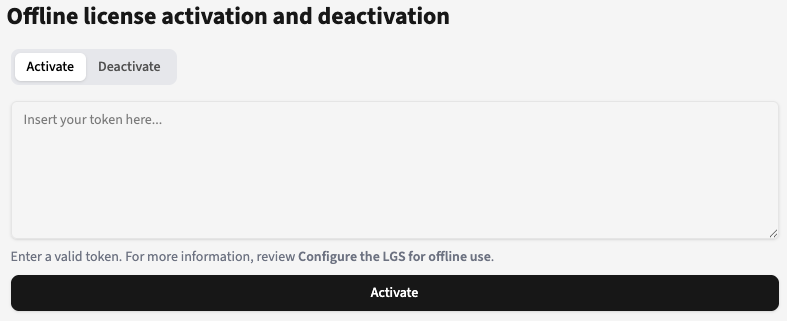 Screenshot of the Pdftools Portal with the Offline Activation / Deactivation page and the 'insert your token here...' field description.