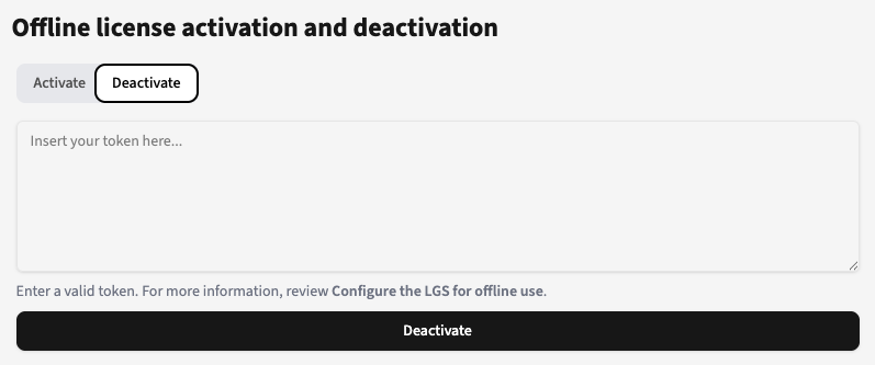 Screenshot of the Pdftools Portal with the Offline Activation / Deactivation page with the deactivation tab and the 'insert your token here...' field description.
