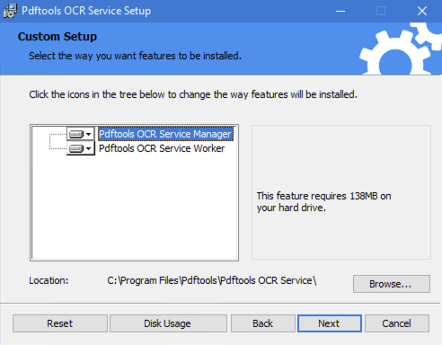 Screenshot of the Pdftools OCR Service Windows MSI installer.