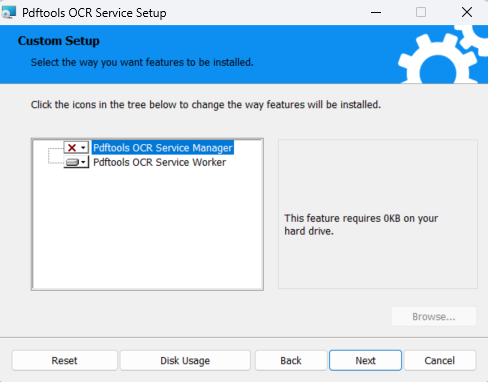 Screenshot of the Pdftools OCR Service Windows MSI installer.