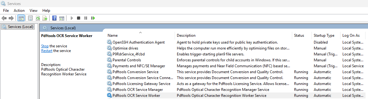 Screenshot of the Windows Services panel with Pdftools OCR Service Worker selected.