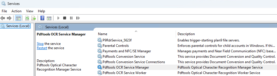 Screenshot of the Windows services showing the registed Pdftools OCR Service nodes.