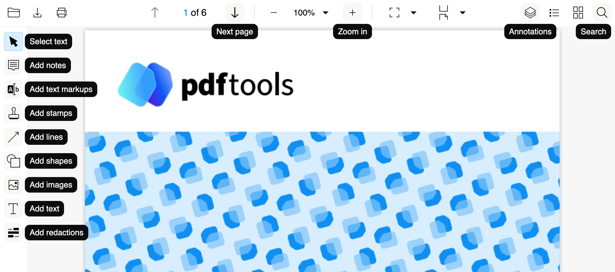 Screenshot of the PDF Viewer SDK button tooltips.