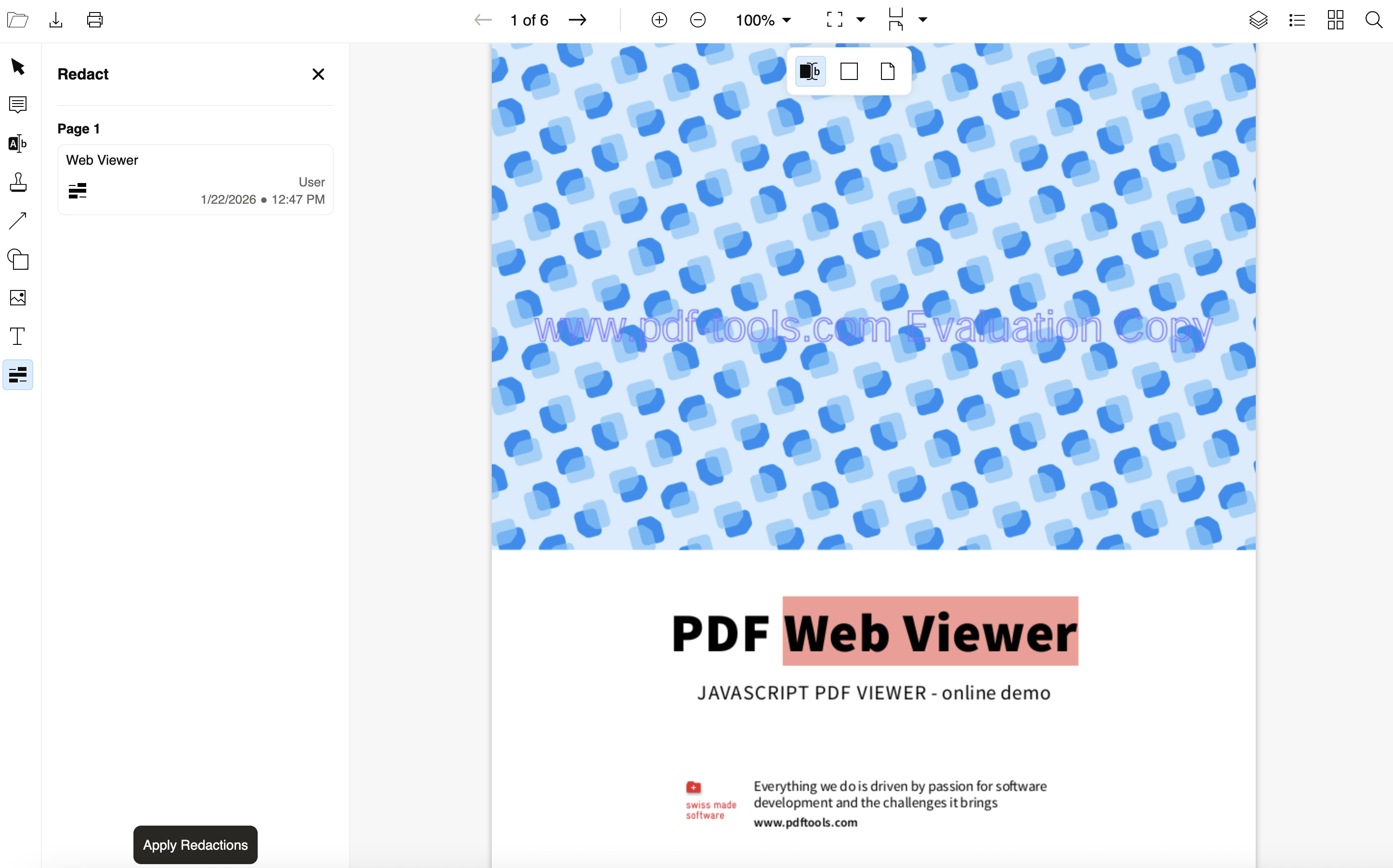 Screenshot of the PDF Viewer SDK redact panel and redact annotations.