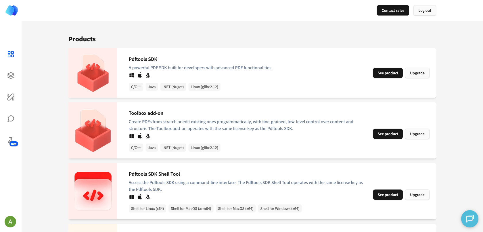 Pdftools Portal Products page showing current products with See product and Upgrade buttons.