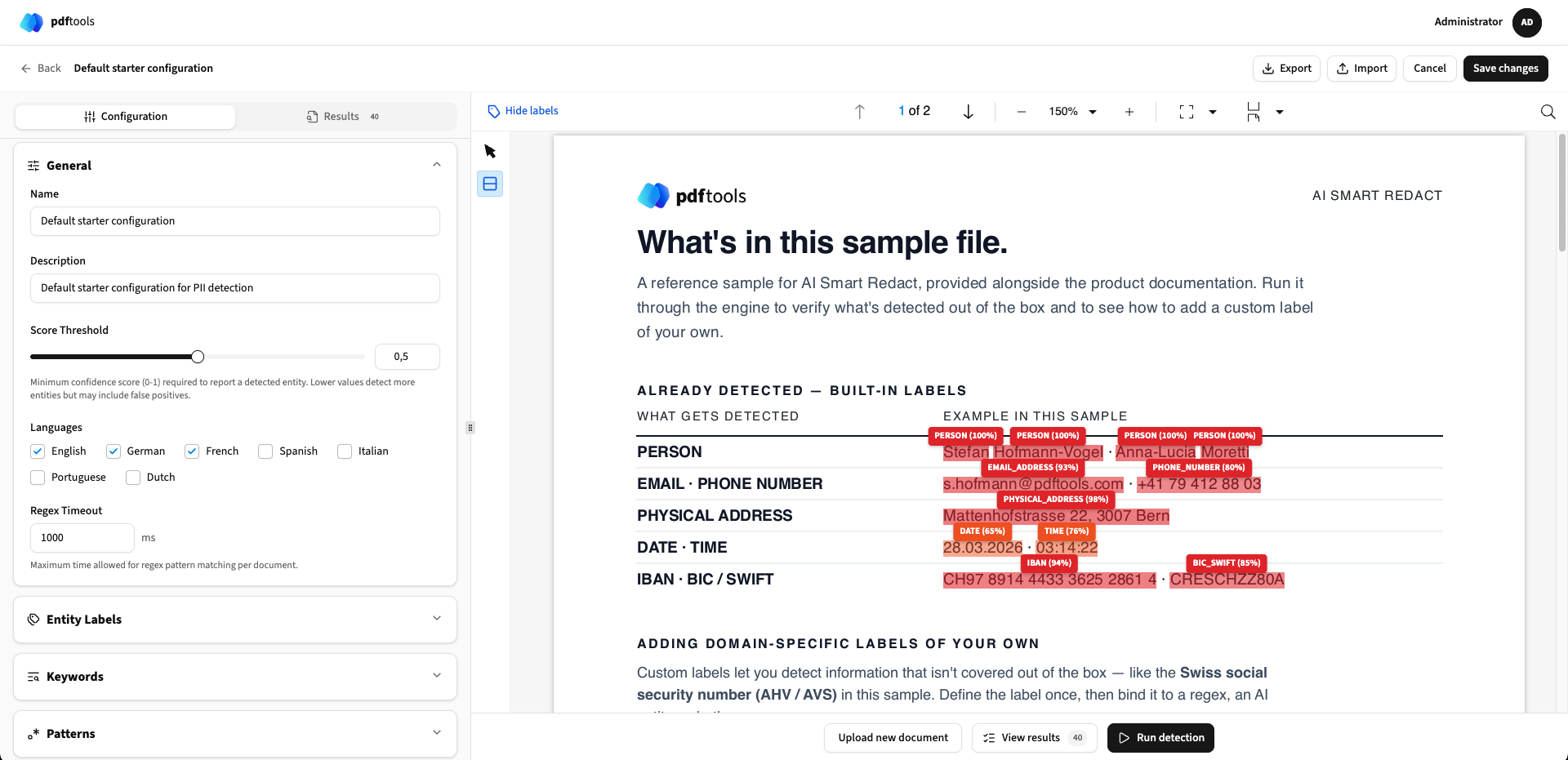 Screenshot of the AI Smart Redact detection configuration editor.